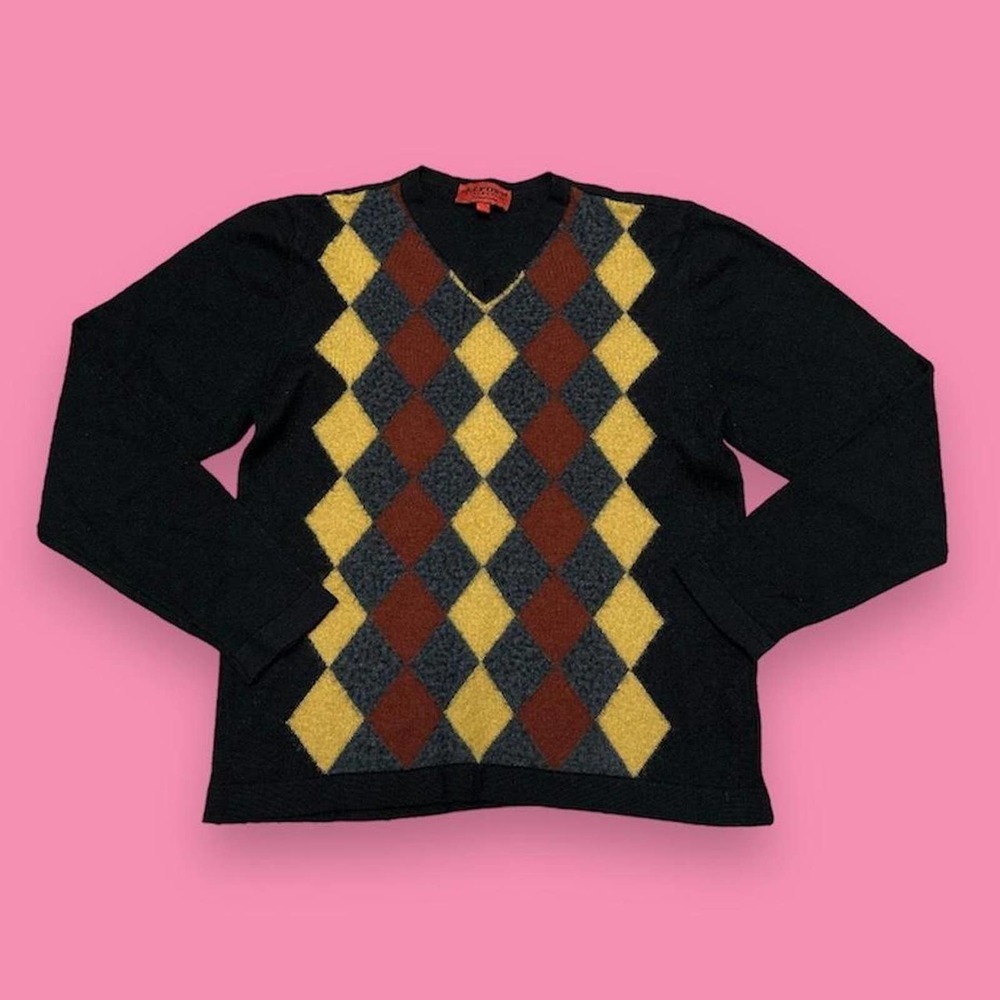 Report Collection Vintage 90s V-Neck Wool Blend Argyle Pullover Sweater Size L